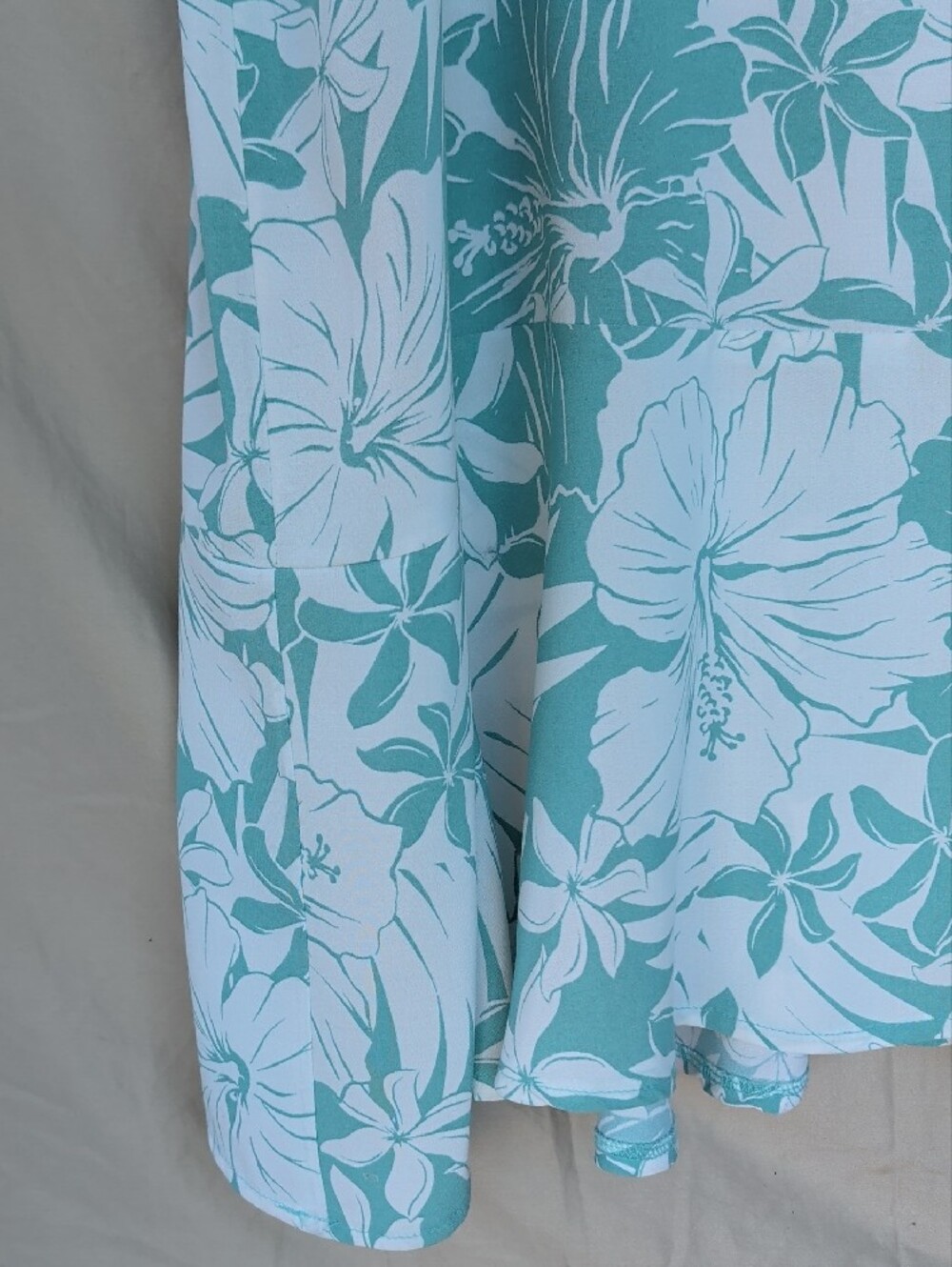 Casual Teal & White Floral Maxi Dress Muumuu Flounce Hem Vacation Resort Wear - Picture 4 of 10